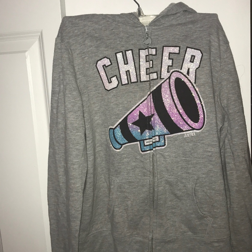A gray hoodie with a cheer design on it!!